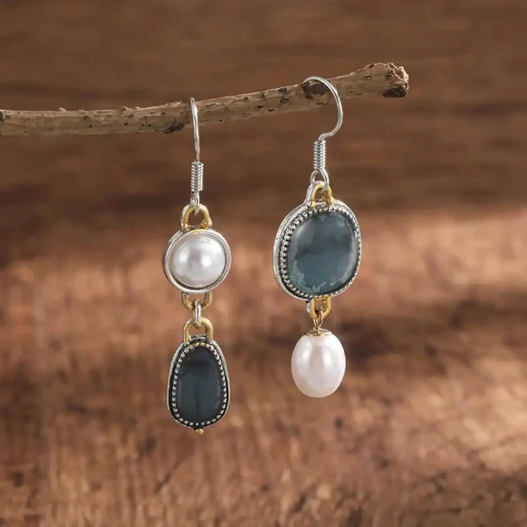 Asymmetric Earrings with Blue Stones and Pearl
