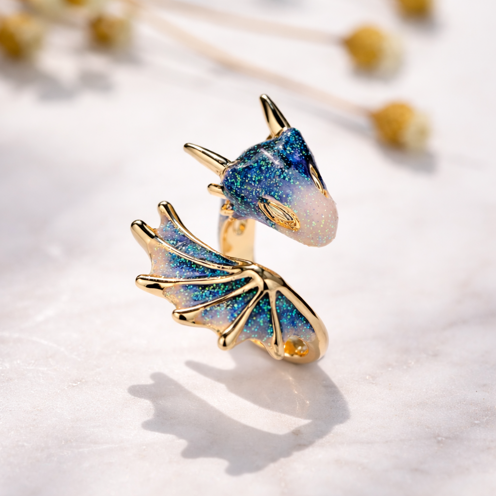 Adjustable Dragon Ring in White Gold with Enamel