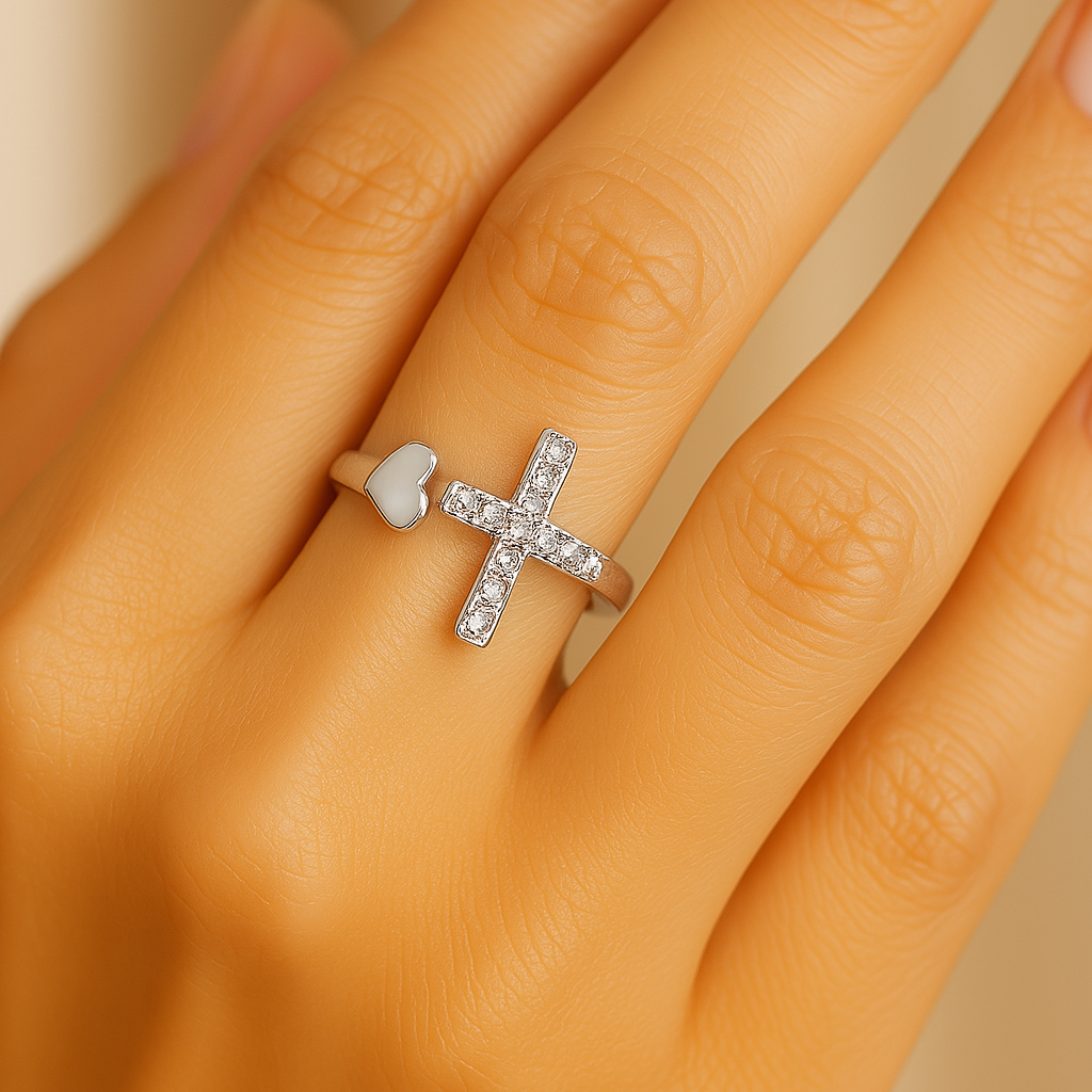 Adjustable Retro Cross Ring “Love” in White Gold