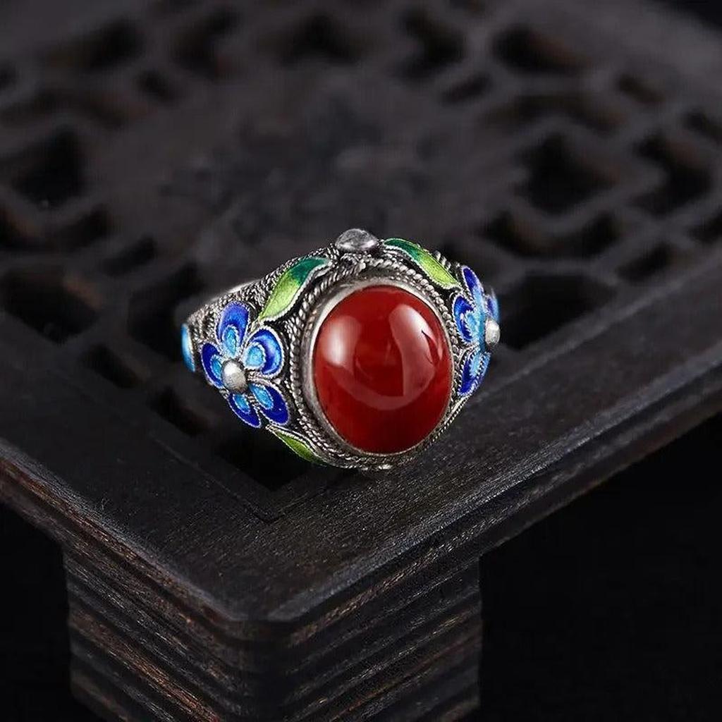 Adjustable Retro Ring in White Gold with Red Tourmaline