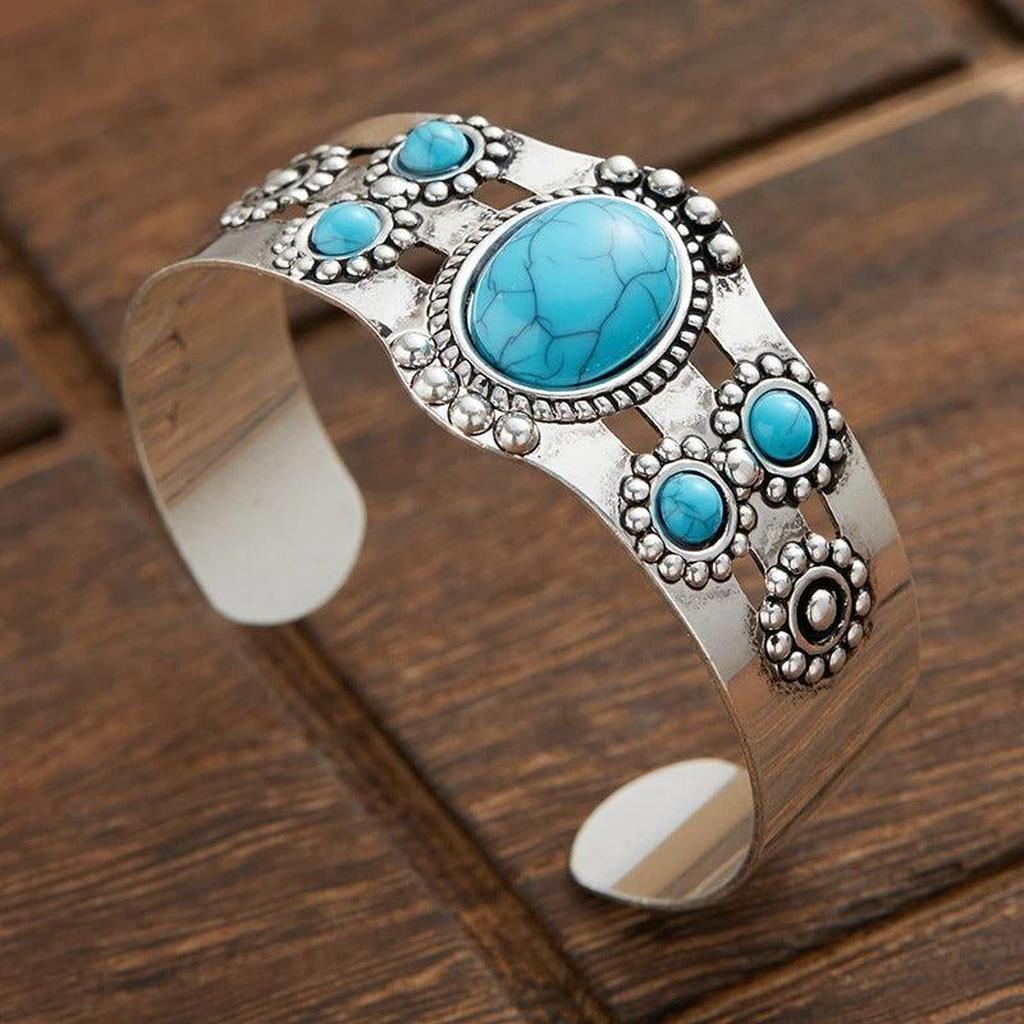 Adjustable Open Retro Bracelet in White Gold and Turquoise