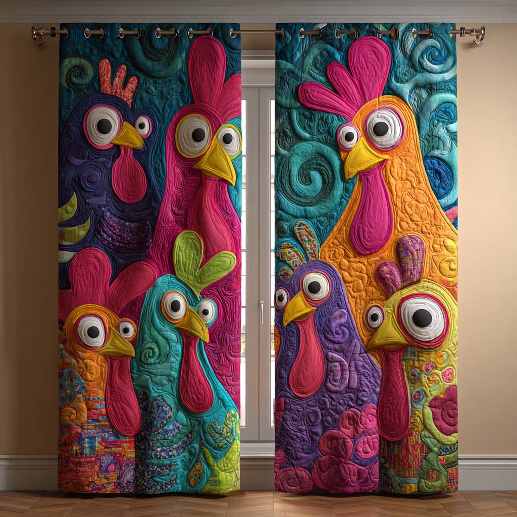 Quilted Curtains with Lively Folk Rooster