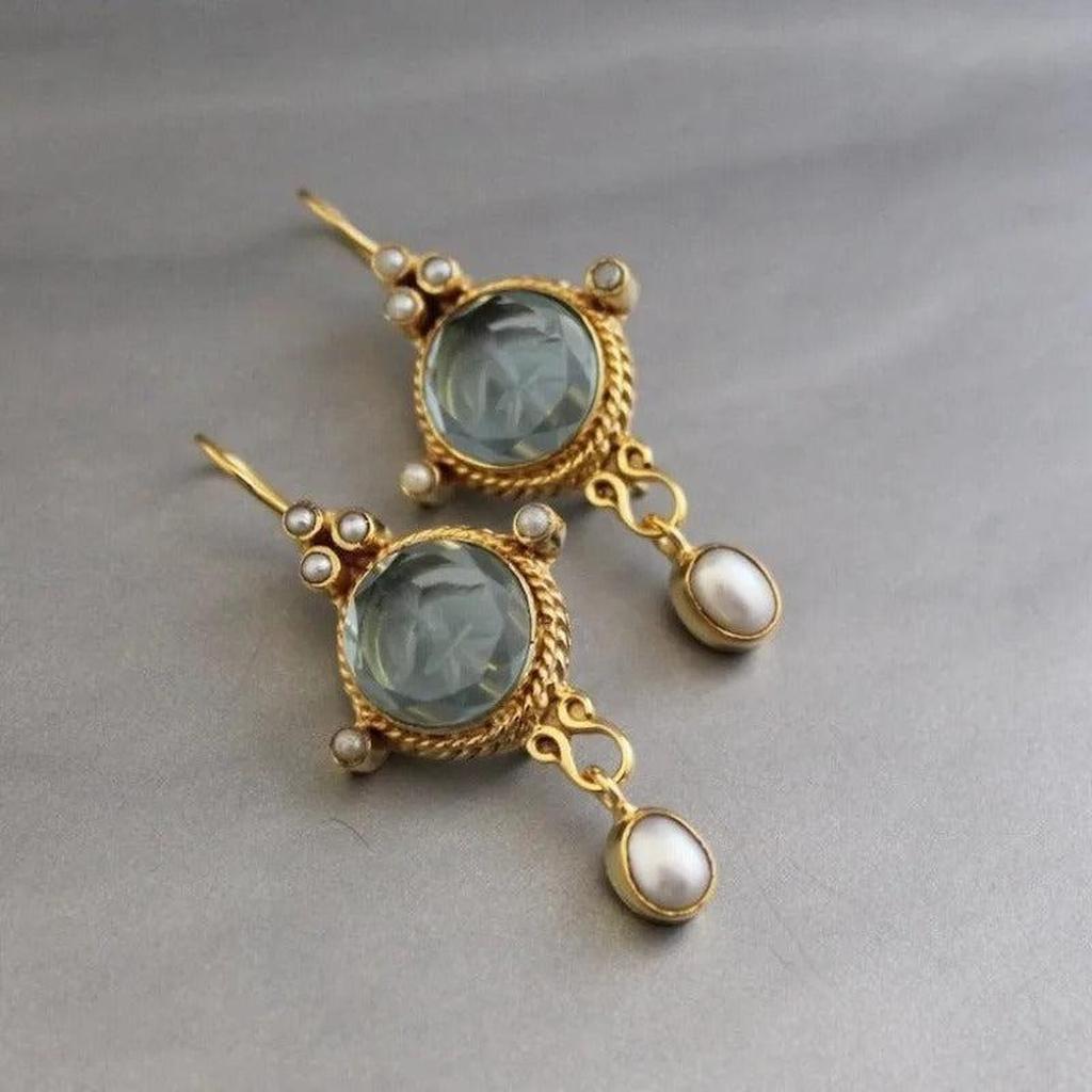 Vintage Earrings with Blue Glass and Pearls