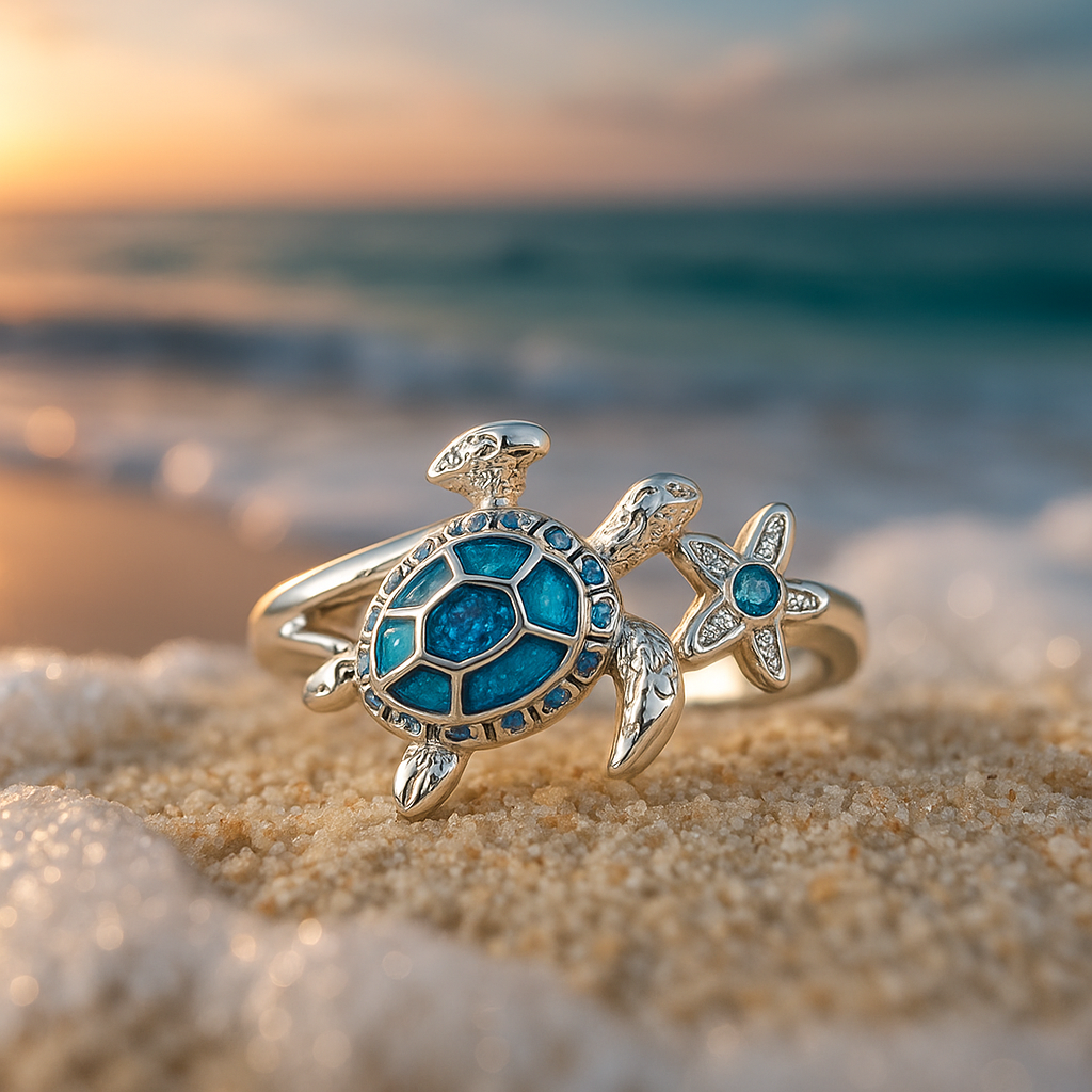 White Gold Ring with Turtle and Blue Opal