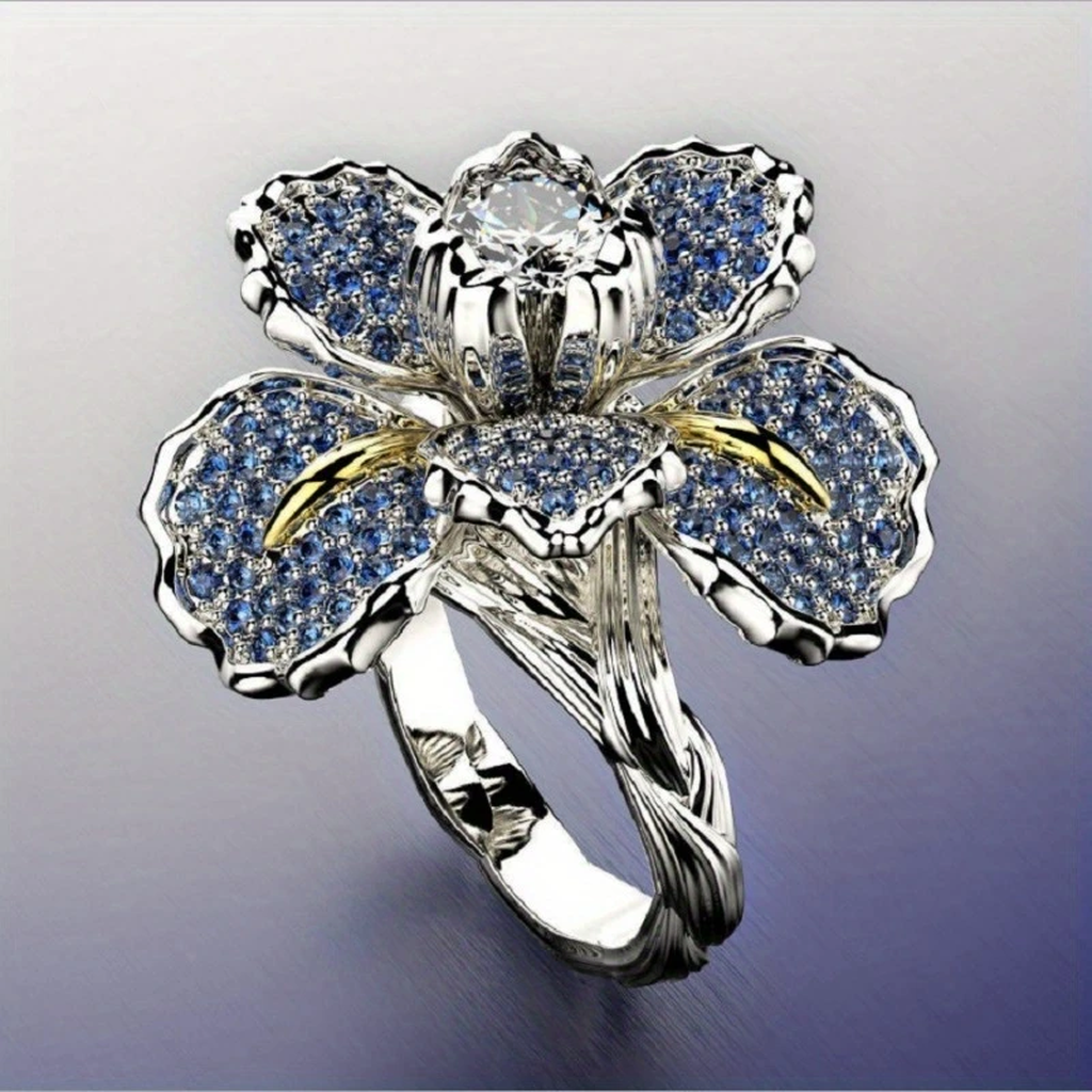 White Gold Ring with Blue Blossoms and Crystal