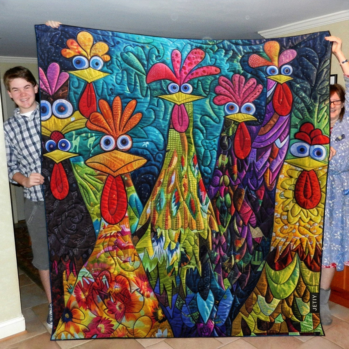 Quilted Blanket with Fantasy Chickens
