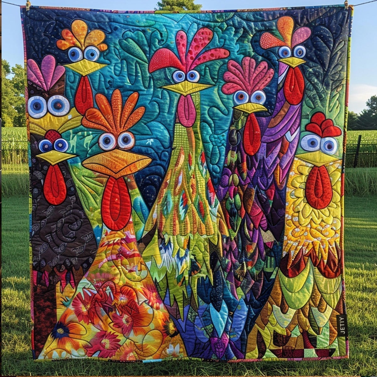 Quilted Blanket with Fantasy Chickens