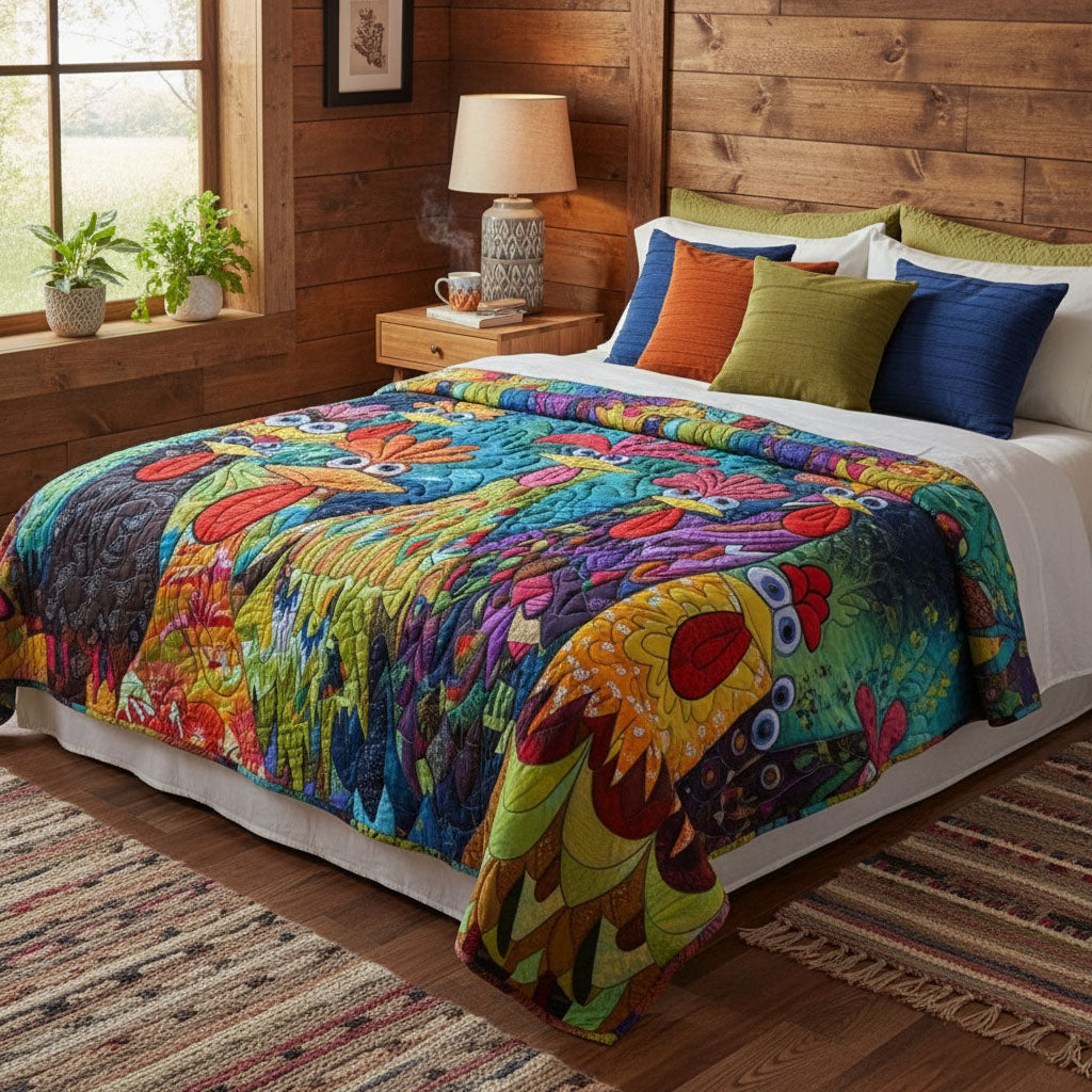 Quilted Blanket with Fantasy Chickens
