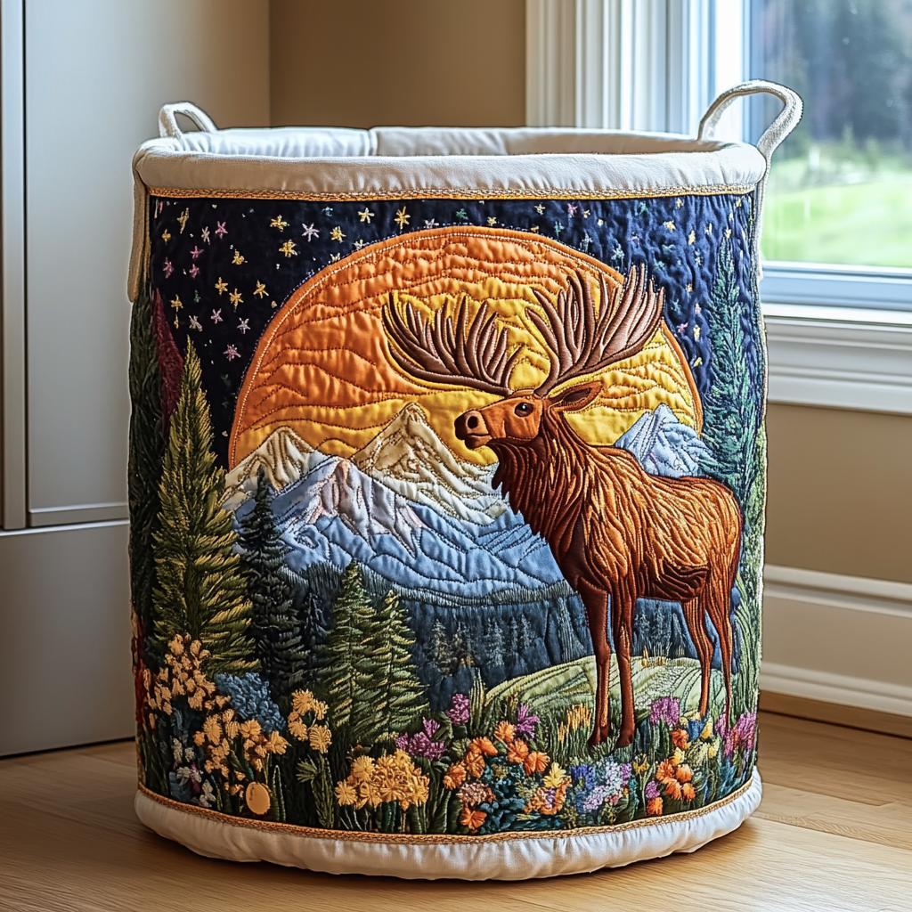 Quilted Laundry Basket with Forest Landscape