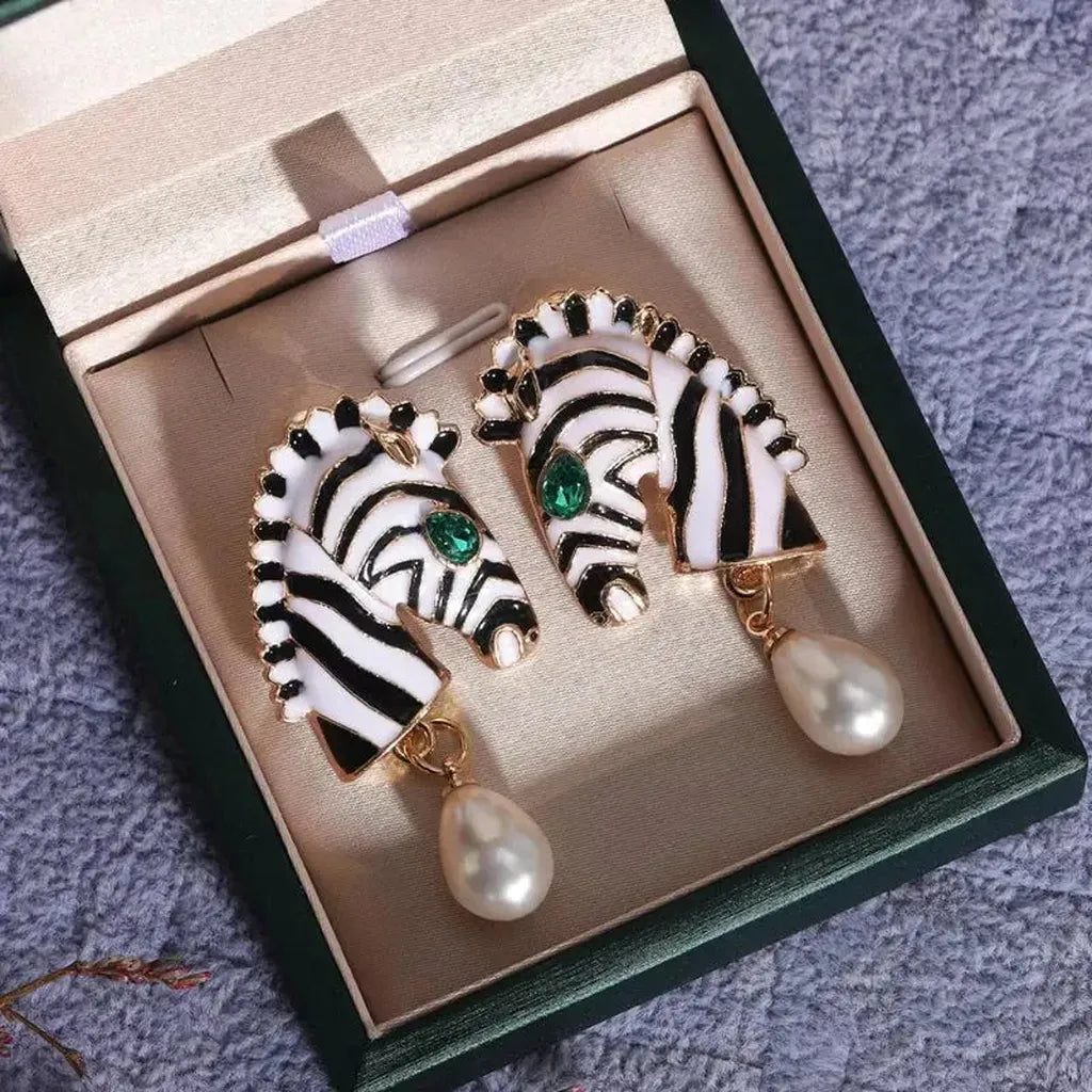 Earrings with Zebra Print and Pearl