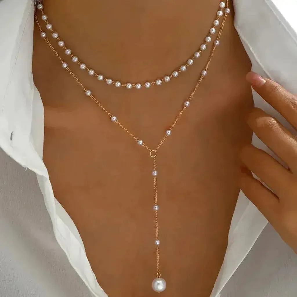 Double-Row Pearl Necklace with Pendants