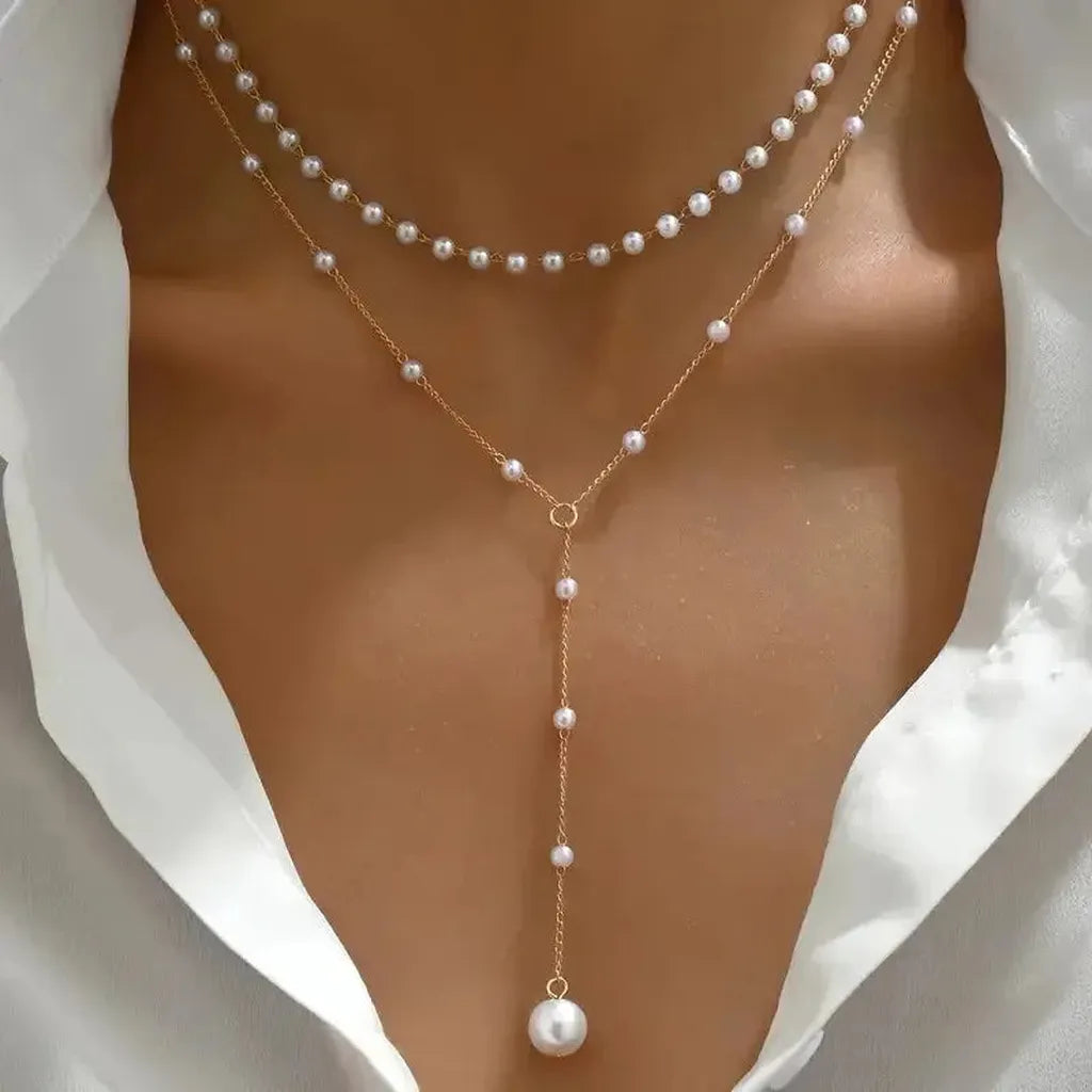 Double-Row Pearl Necklace with Pendants