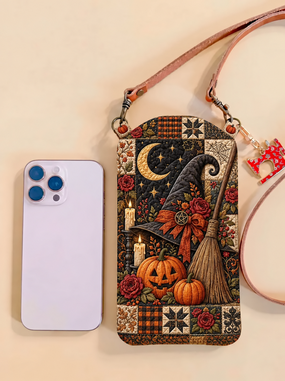 Slim Quilted Phone Crossbody Bag – Witch's Broom in the Pumpkin Patch