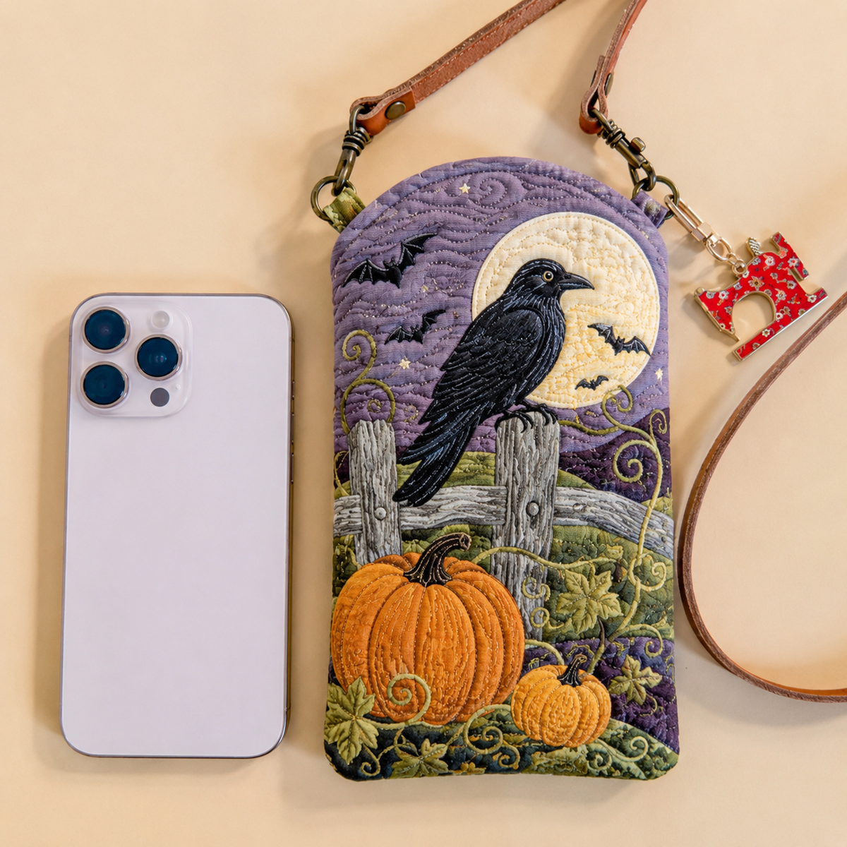 Slim Quilted Phone Crossbody Bag – Raven and Moon over the Pumpkin Patch