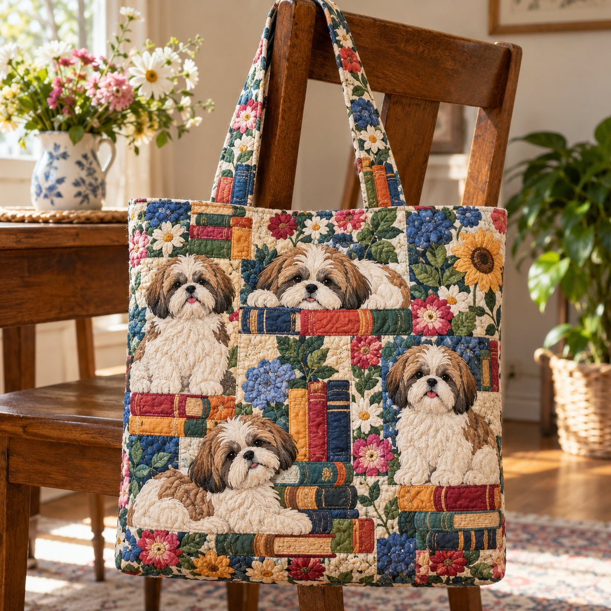 Tikattu kassi – Shih tzu, kirjat ja kukat