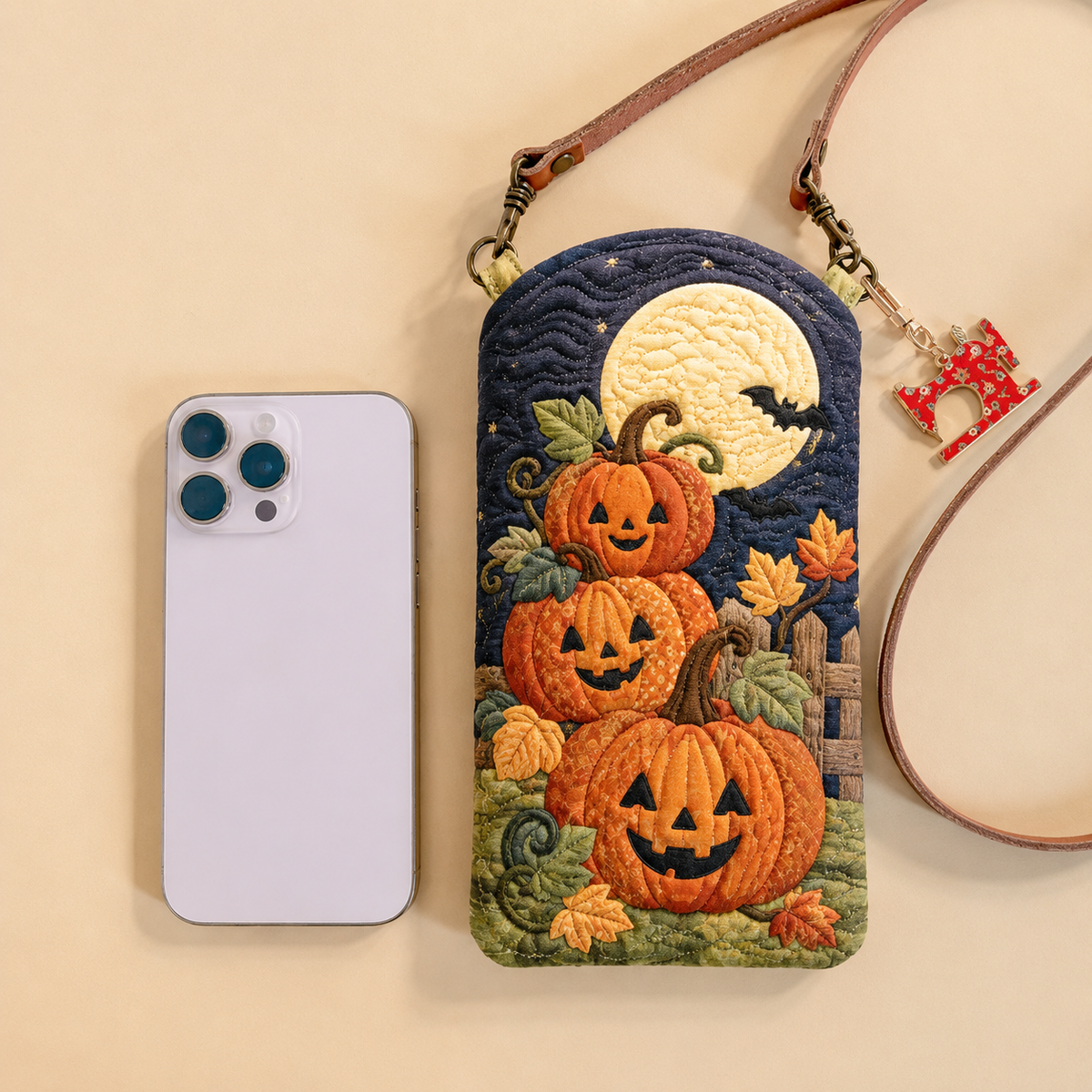 Slim Quilted Phone Crossbody Bag – Pumpkin Lanterns in the Moonlight