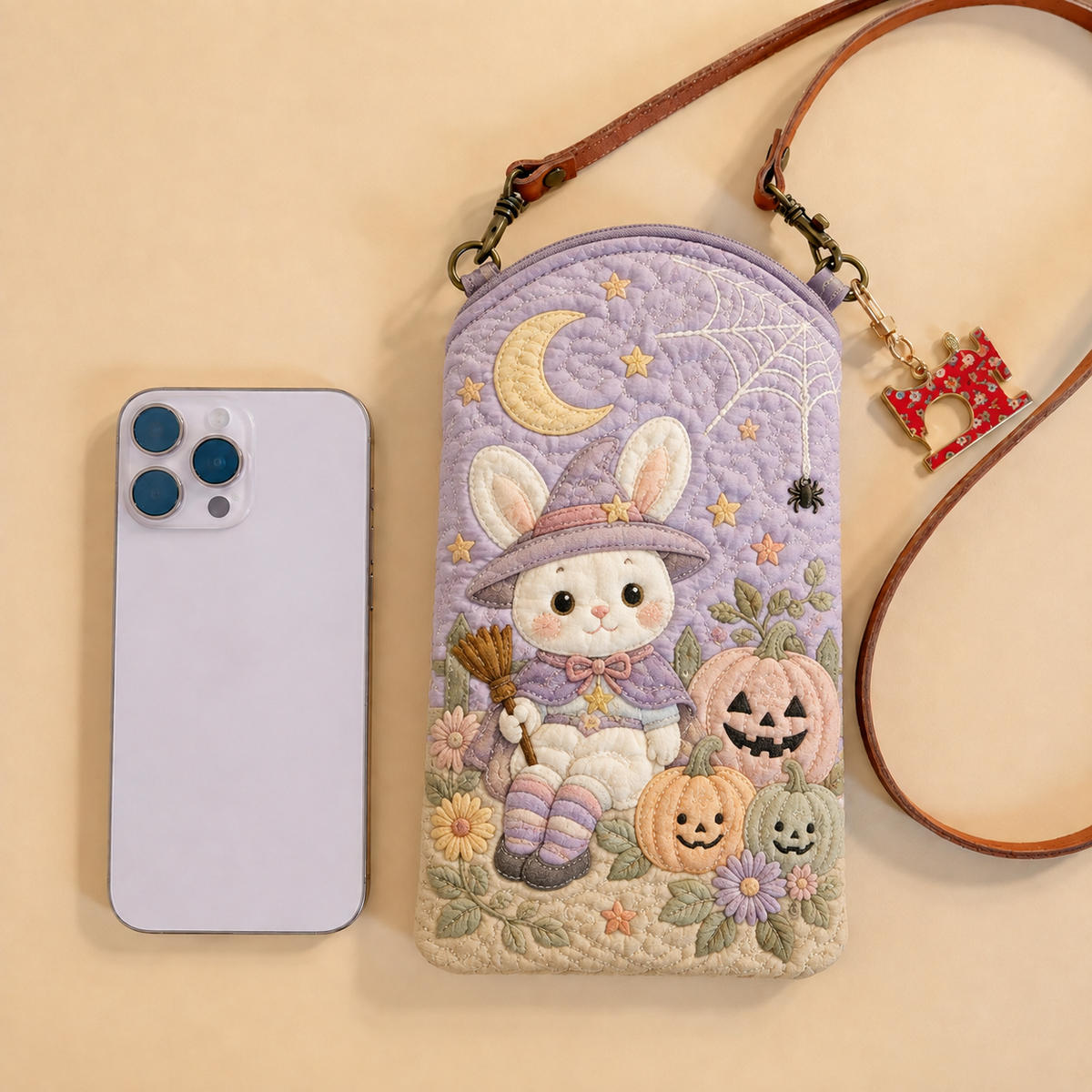 Slim Quilted Phone Crossbody Bag – Witch Bunny in Pastel Colours