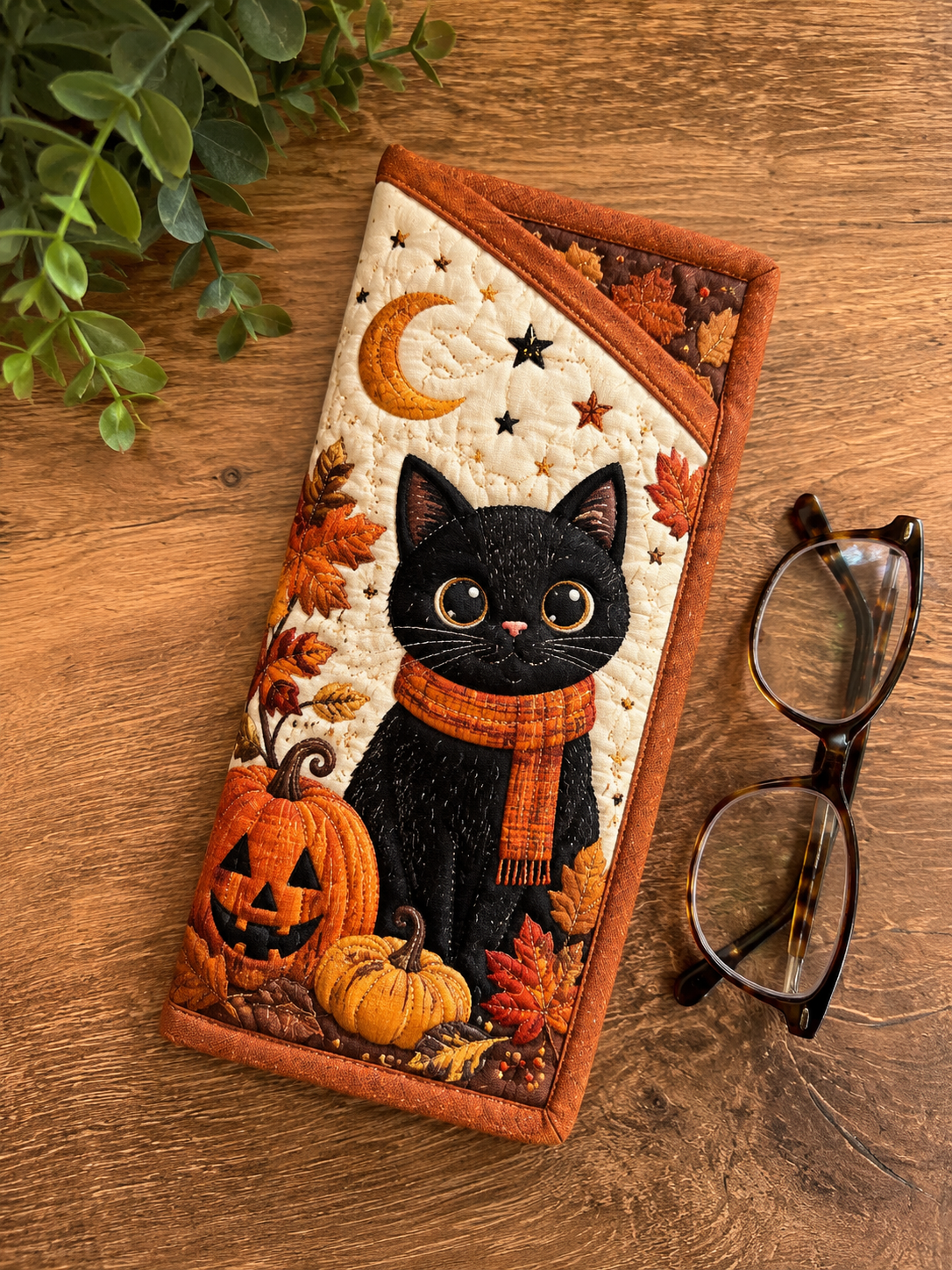 Quilted Glasses Case – Black Cat with Halloween Witch Hat
