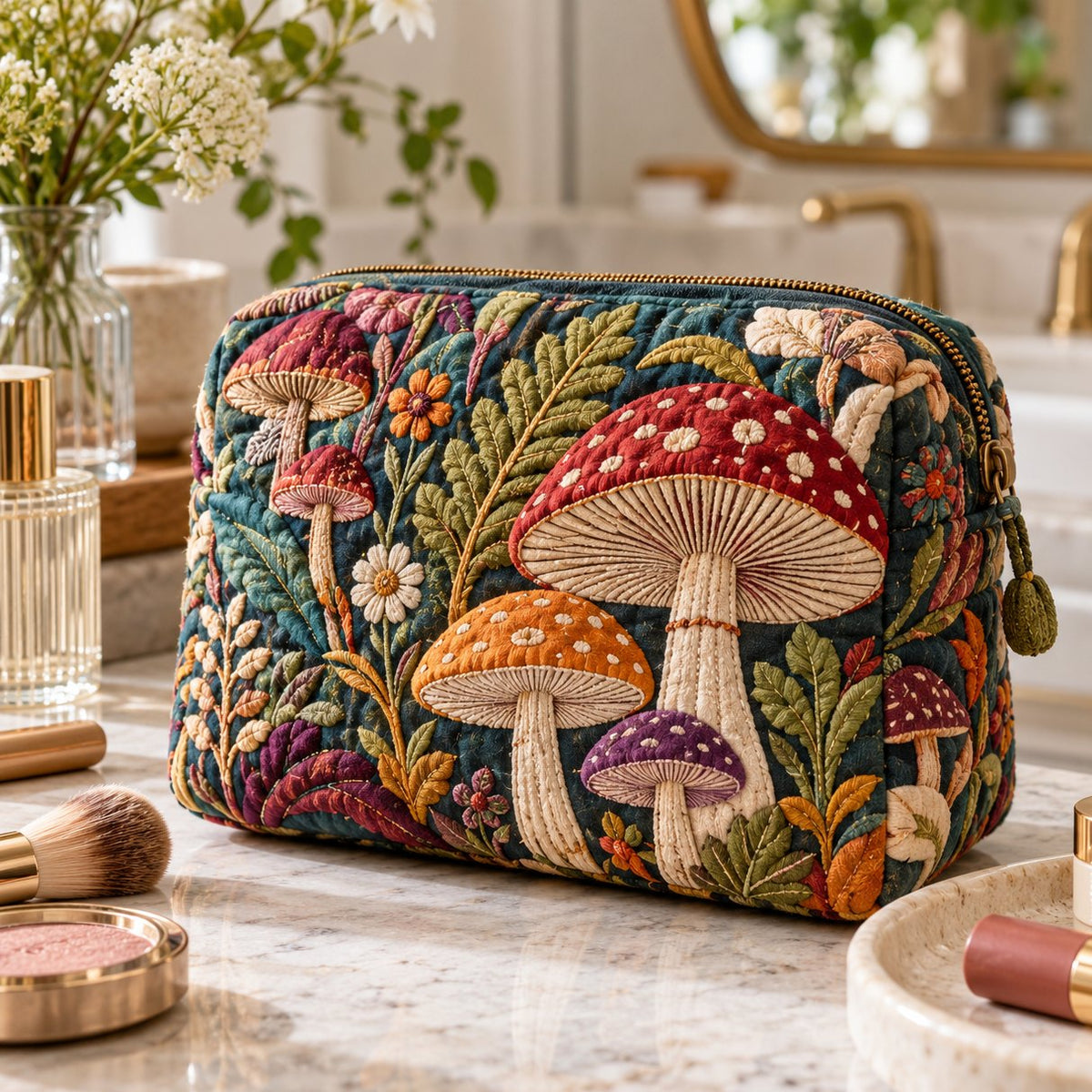 Tikattu kosmetiikkalaukku – Boho-sienet