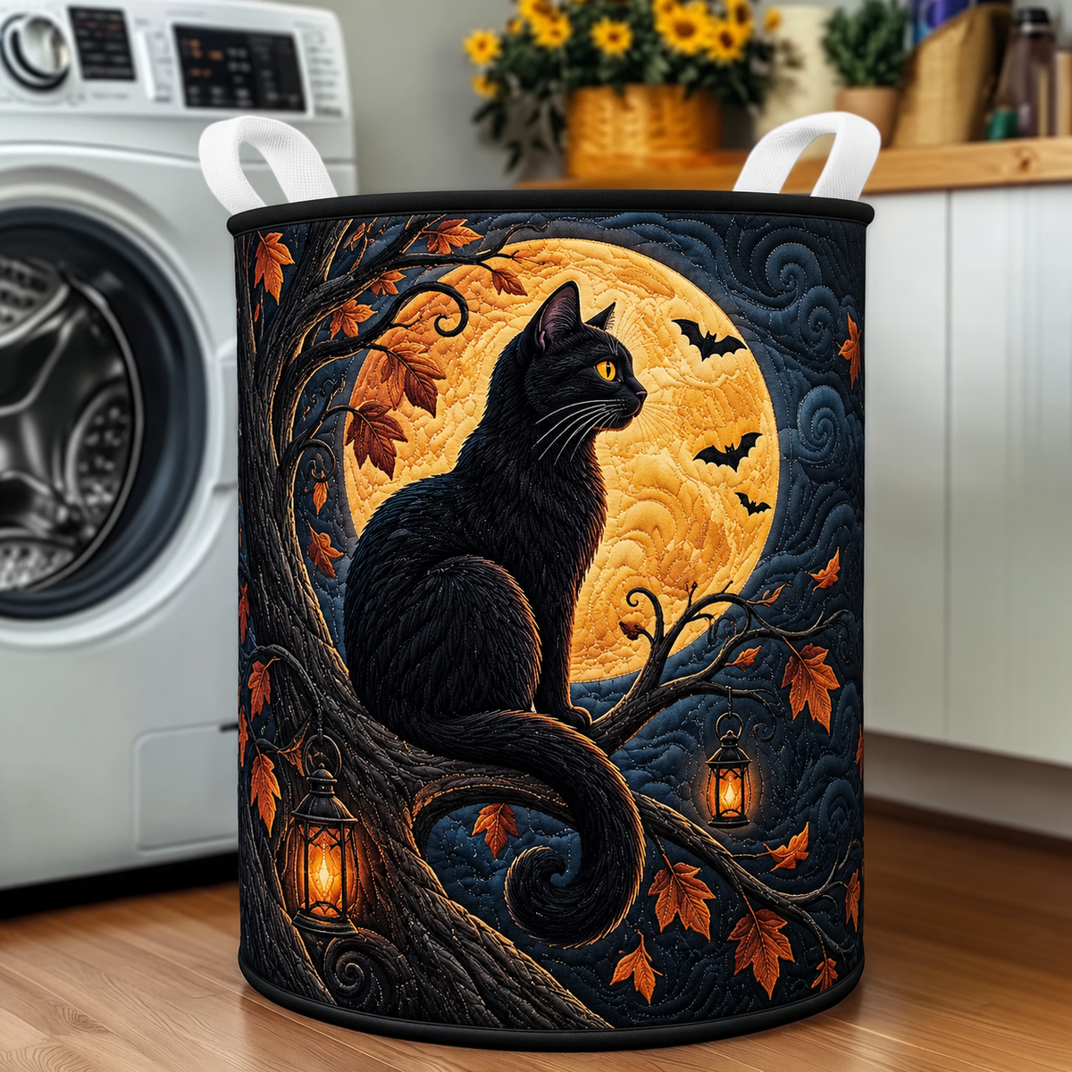 Quilted Laundry Basket – Black Cat Under the Halloween Full Moon
