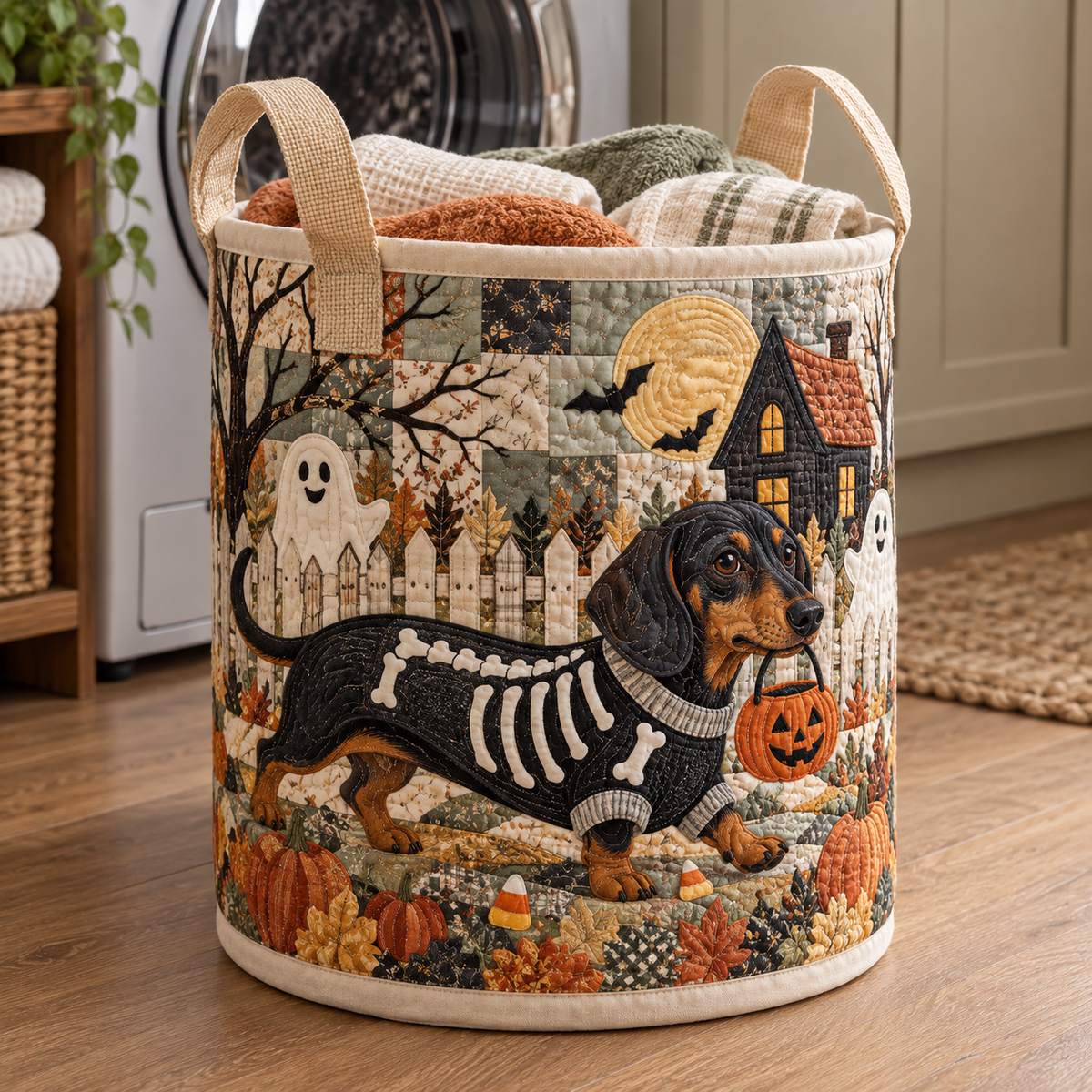 Quilted Laundry Basket – Dachshund in Skeleton Costume for Halloween