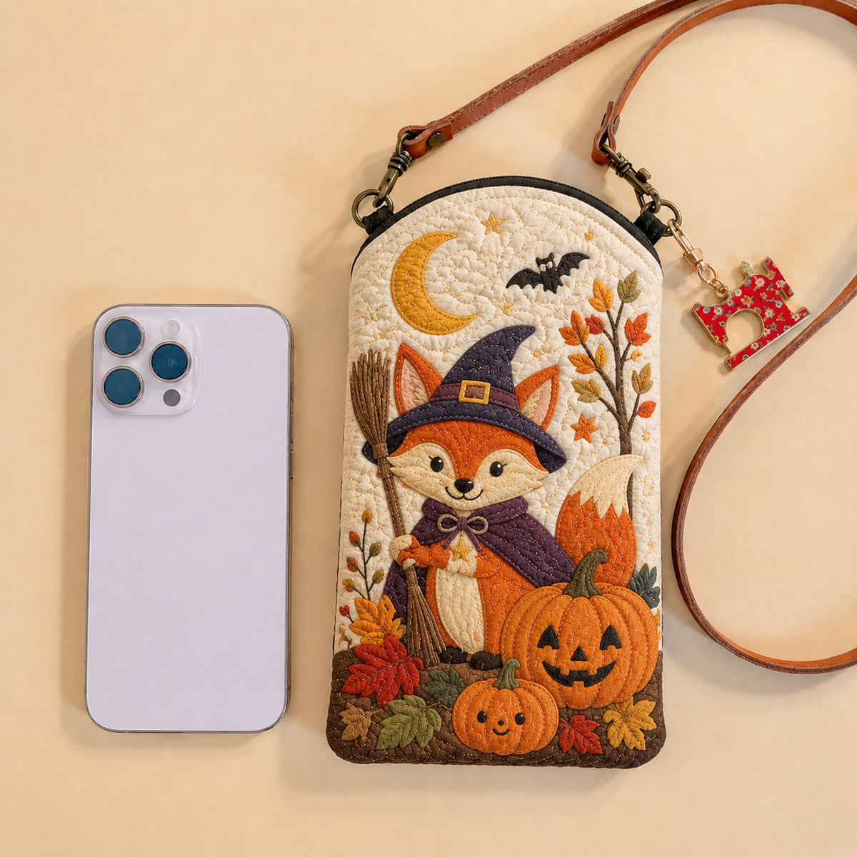 Slim Quilted Phone Crossbody Bag – Witch Fox in the Pumpkin Patch