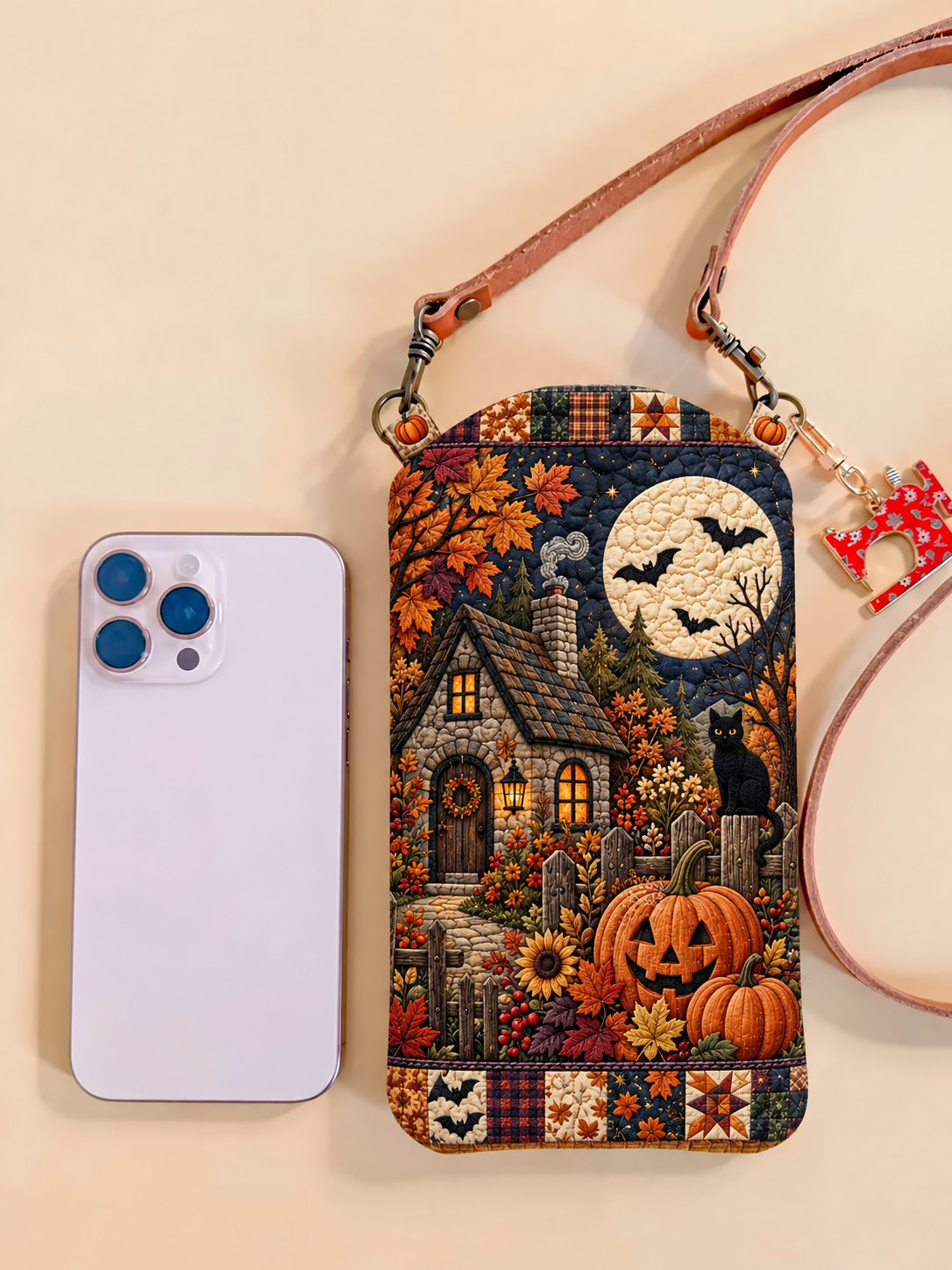 Slim Quilted Phone Crossbody Bag – Haunted House in the Moonlight