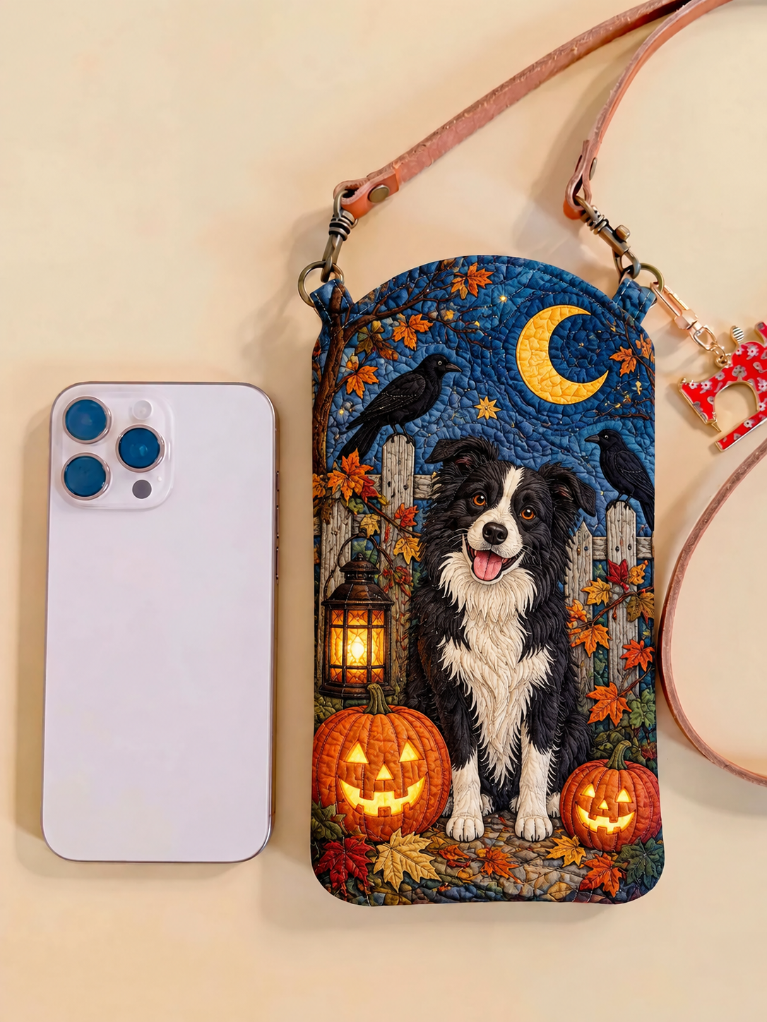 Slim Quilted Phone Crossbody Bag – Border Collie in Halloween Moonlight