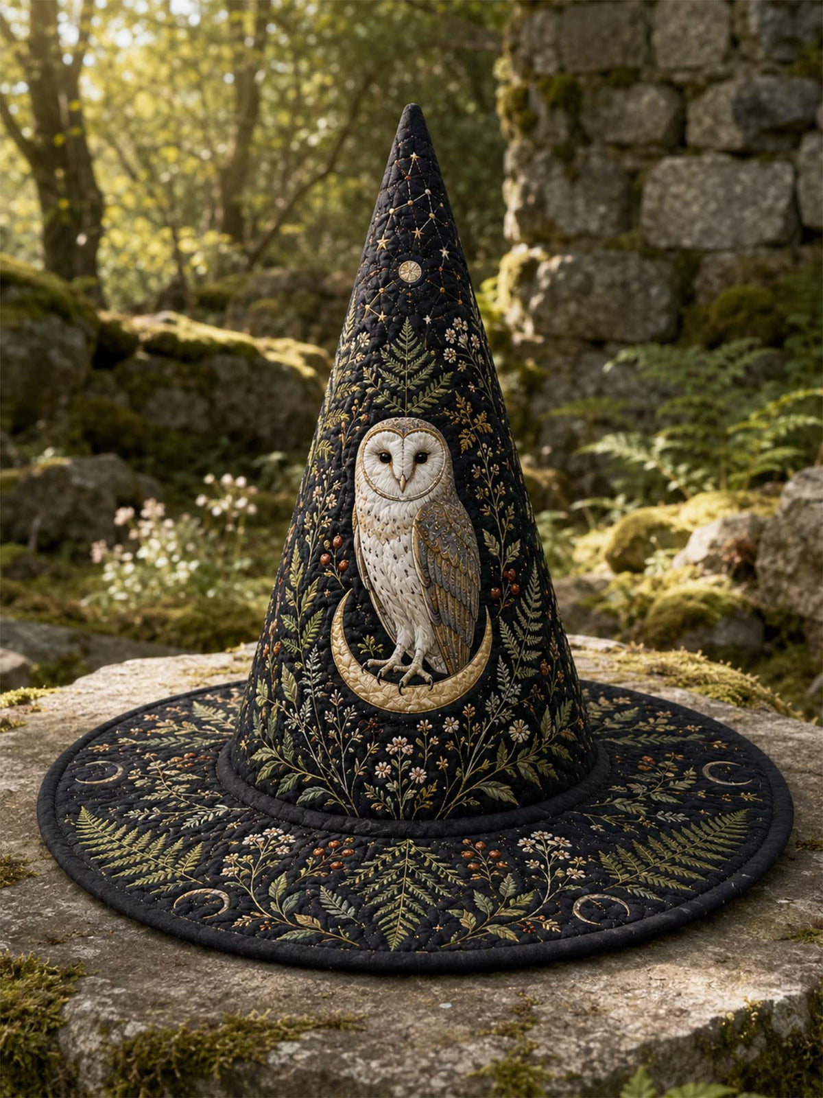 Handmade Quilted Witch Hat – Owl in the Dark Forest by Moonlight