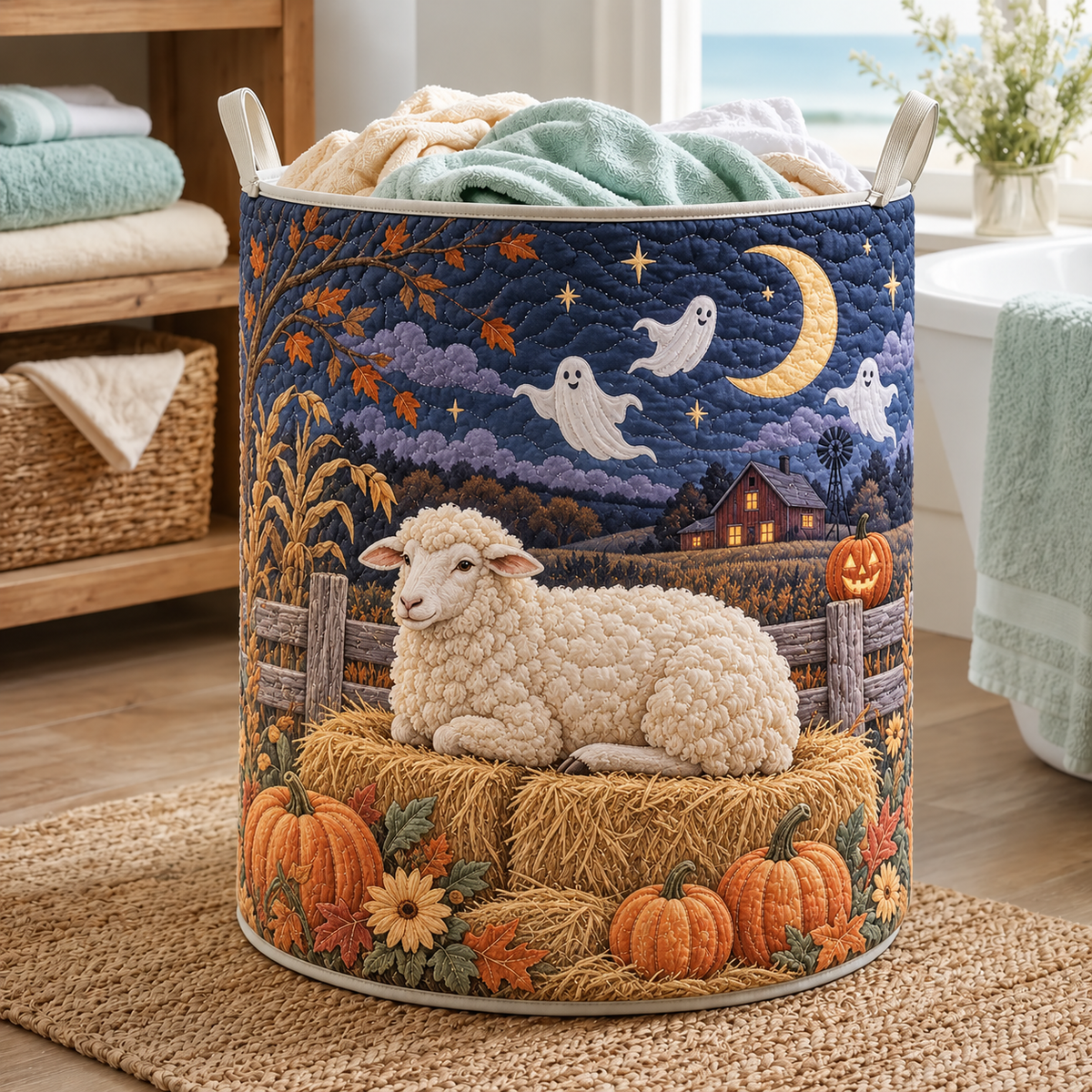 Quilted Laundry Basket – Sheep in Ghost Costume on Pumpkin Night