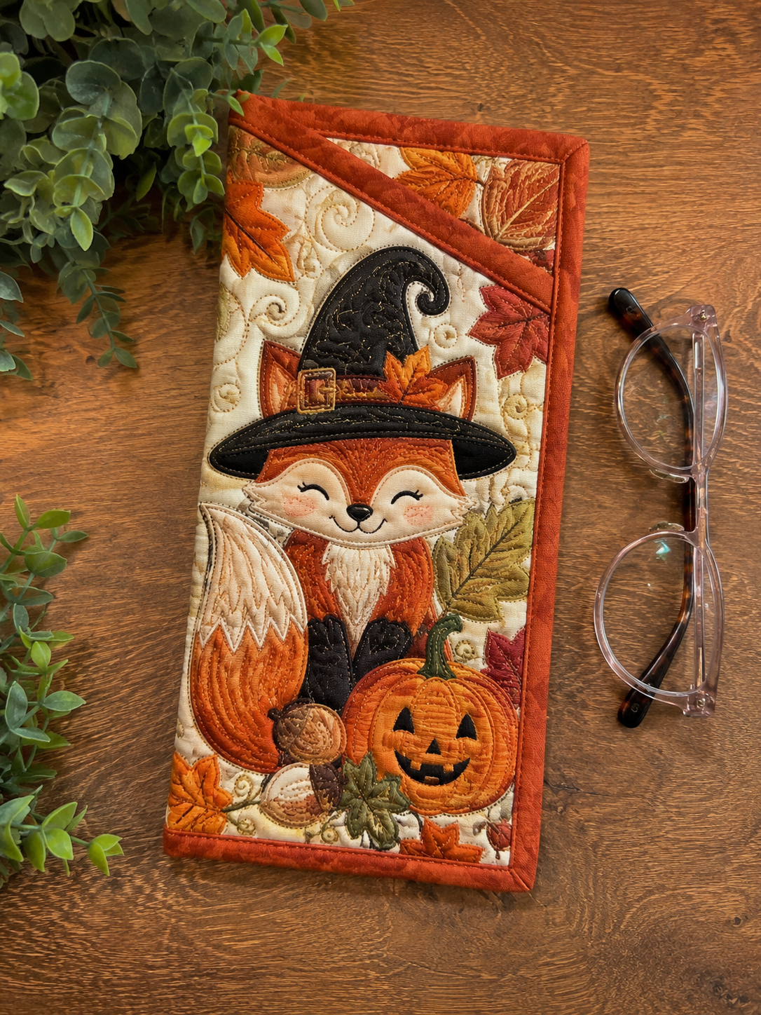 Quilted Glasses Case – Witch Fox and Halloween Pumpkins