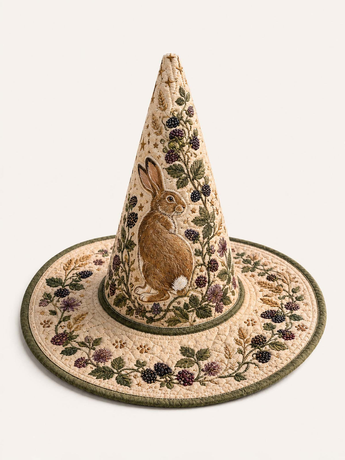 Handmade Quilted Witch Hat – Woodland Hare with Plant Motifs in Country Style