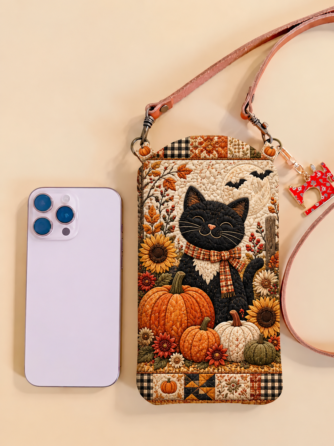 Slim Quilted Phone Crossbody Bag – Black Cat in the Pumpkin Garden