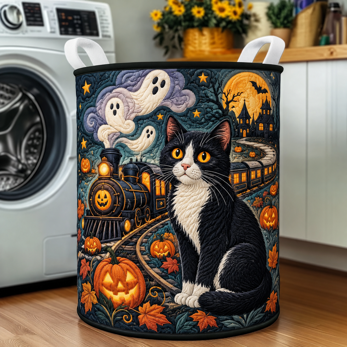 Quilted Laundry Basket – Black Cat on the Ghost Train