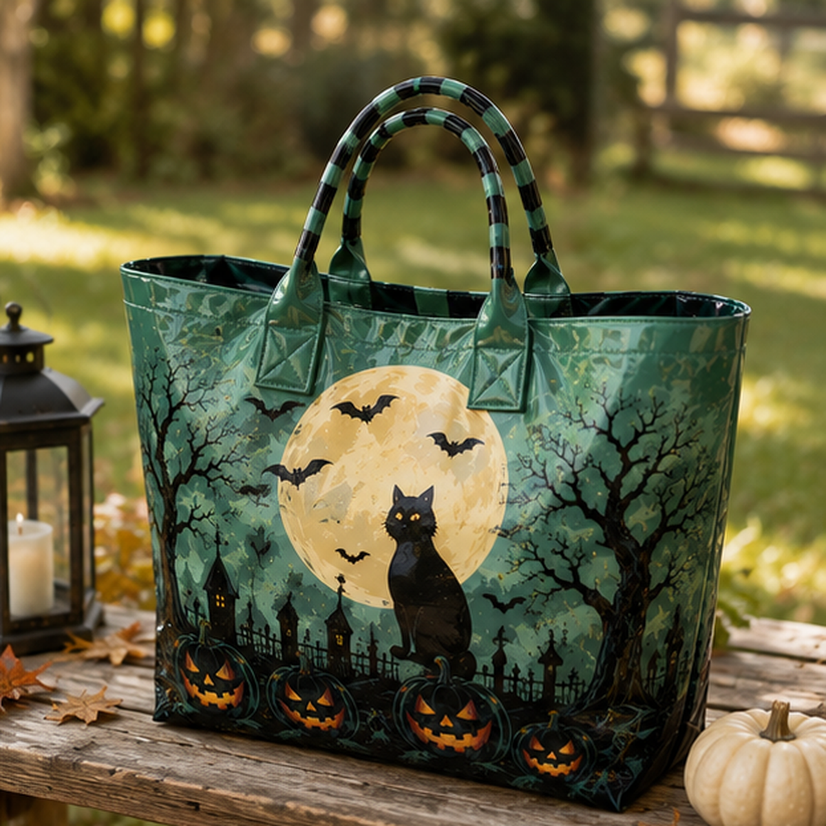 PVC Tote Bag – Black Halloween Cat in Shades of Green