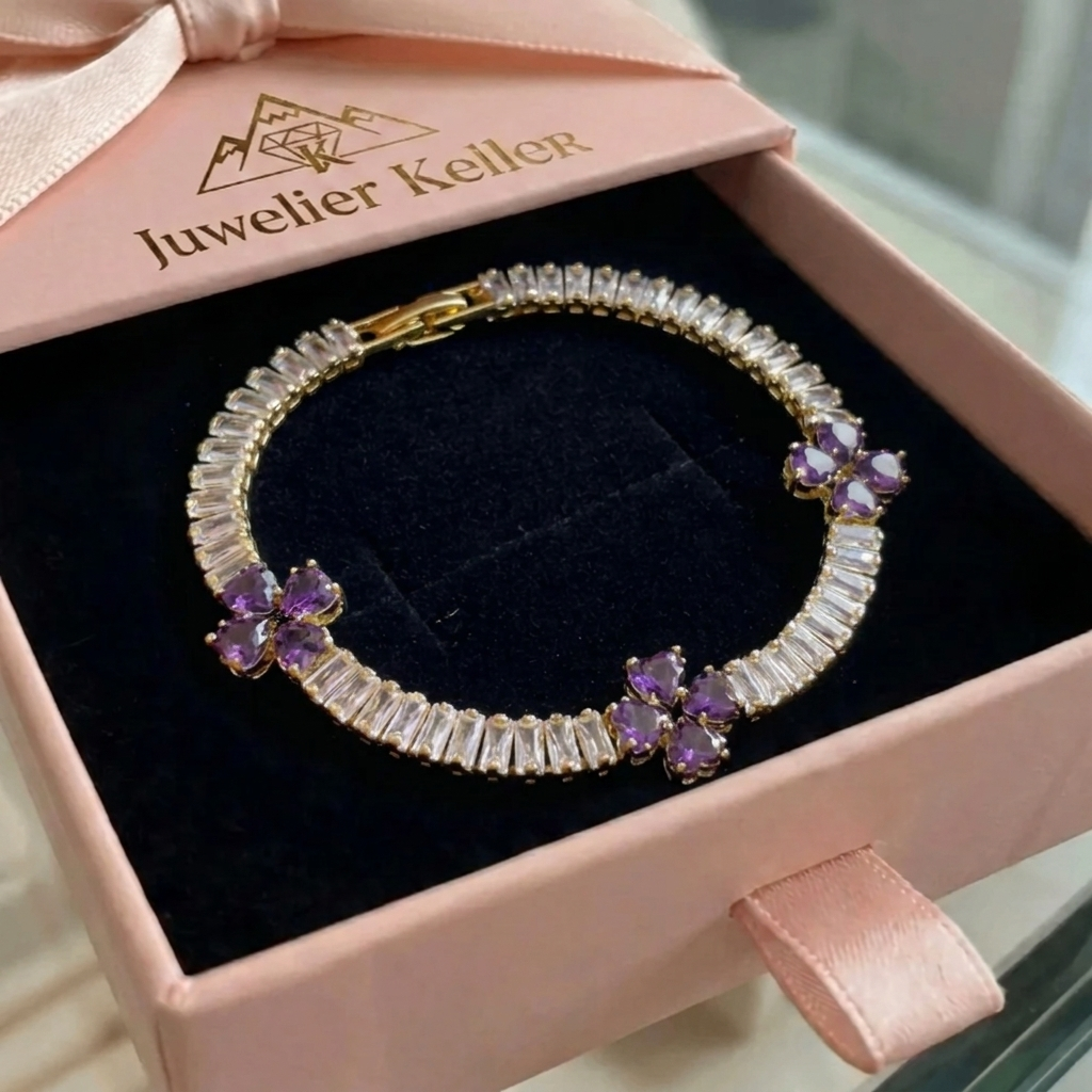 Heart Bracelet with Amethyst and Clover | Gold