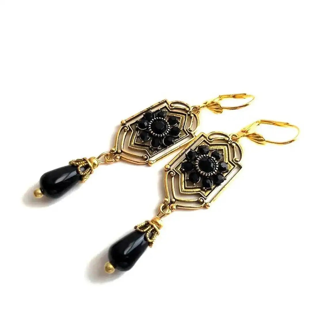 Art Deco Earrings with Black Drop