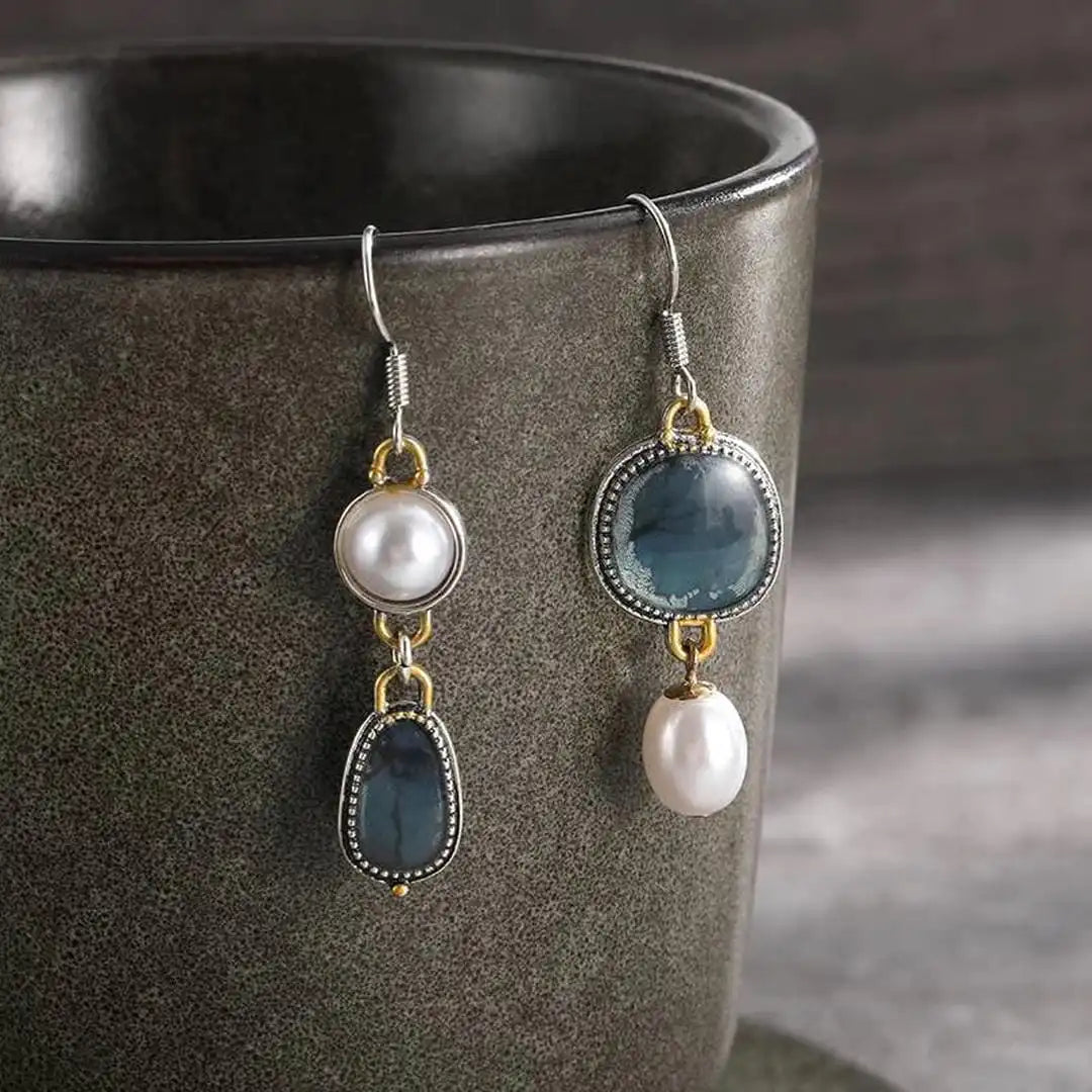 Asymmetric Earrings with Blue Stones and Pearl