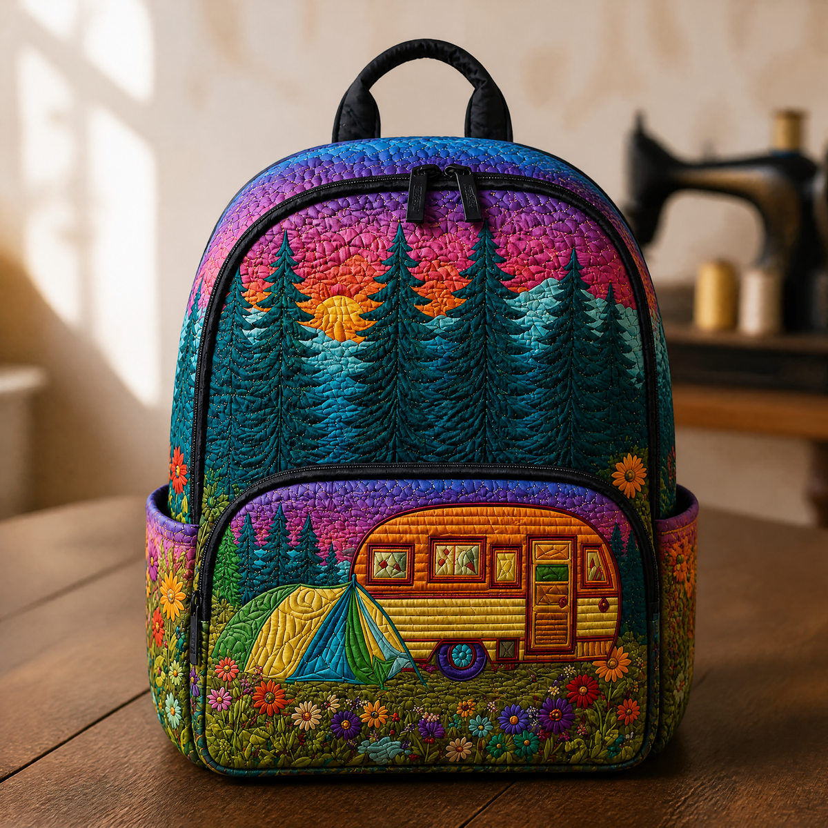 Quilted Backpack with Camping Flair