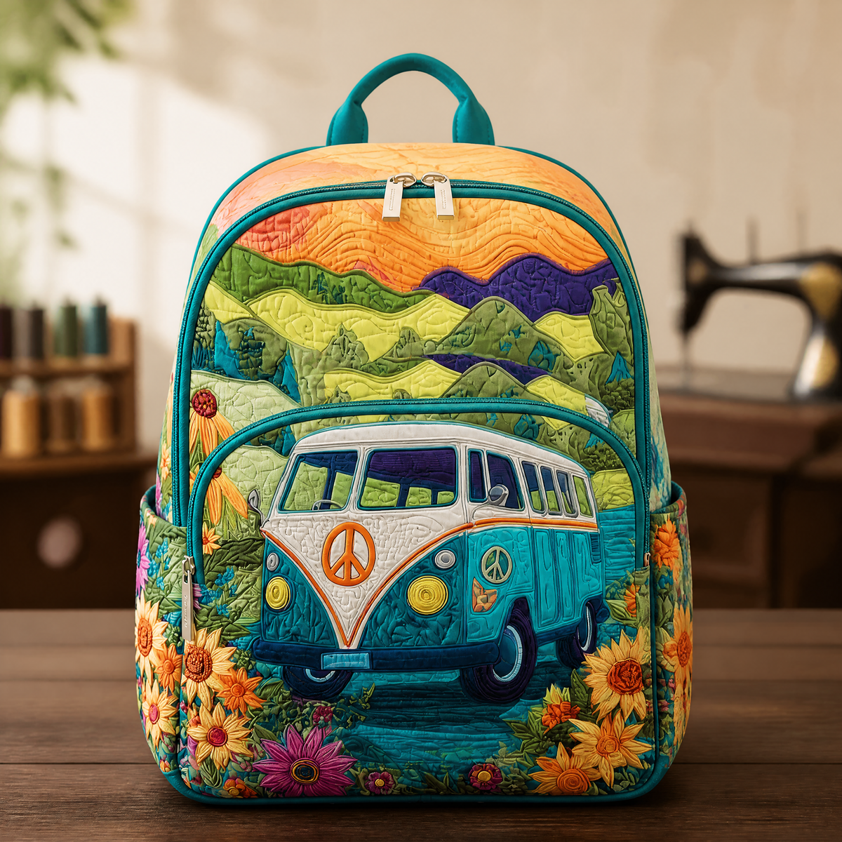 Quilted Backpack with Sunflowers and Mountains