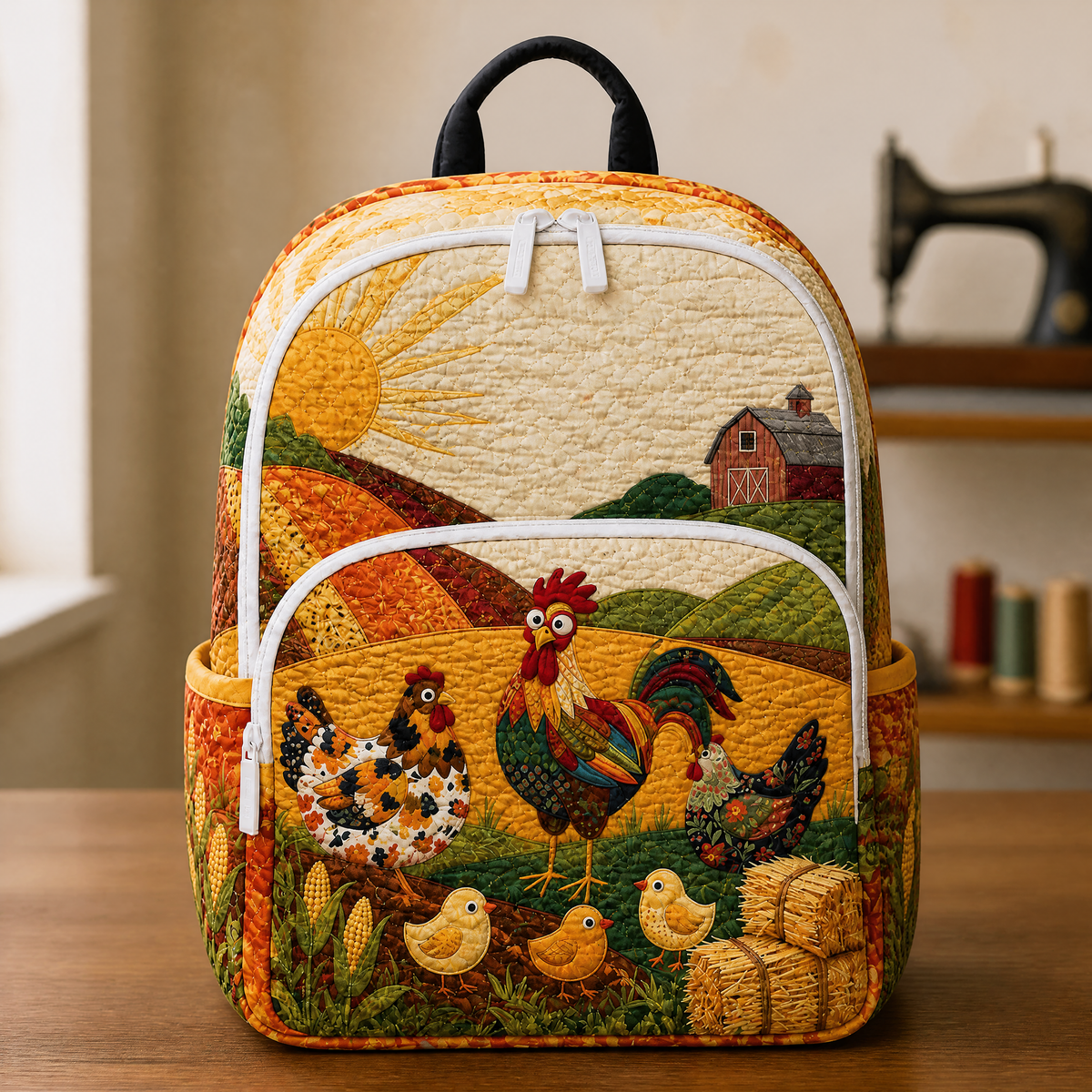 Country Quilted Backpack with Chickens and Barn