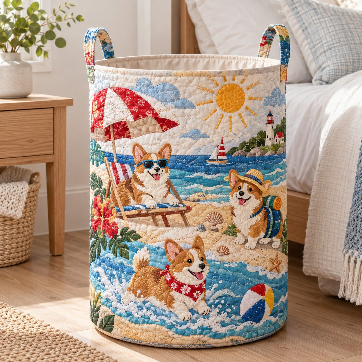 Tikattu pyykkikori – Corgi lomalla