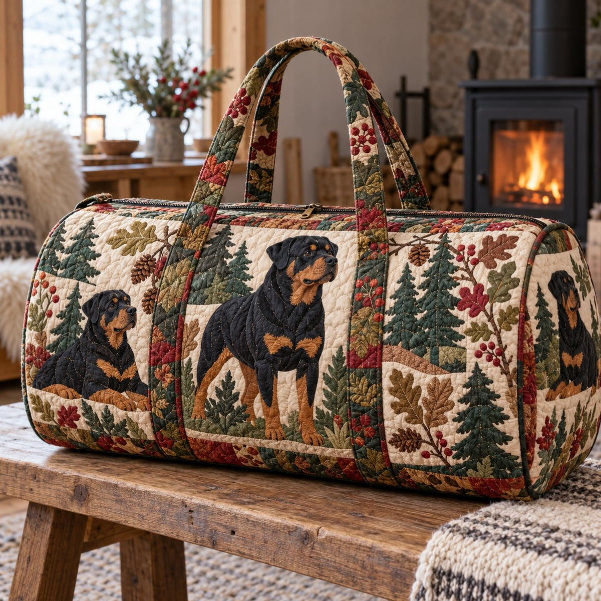 Tikattu weekend-laukku – Rottweiler metsälehdossa