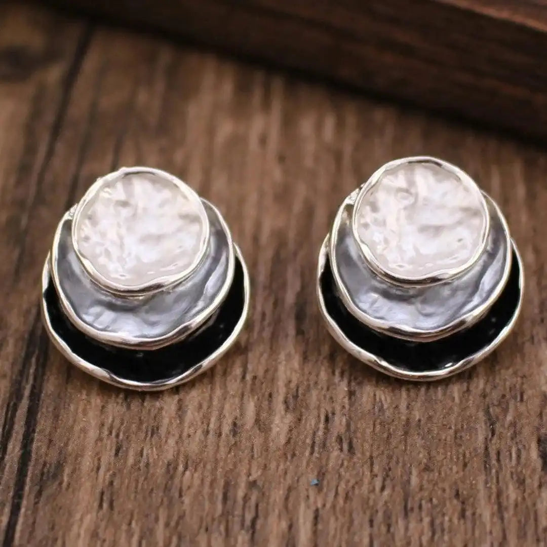 Round Stud Earrings in Silver and Black